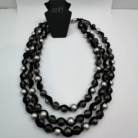Multi Strand Statement Ribbon Necklace with Silver Black Clear Glass Beads 22" - Picture 13 of 14